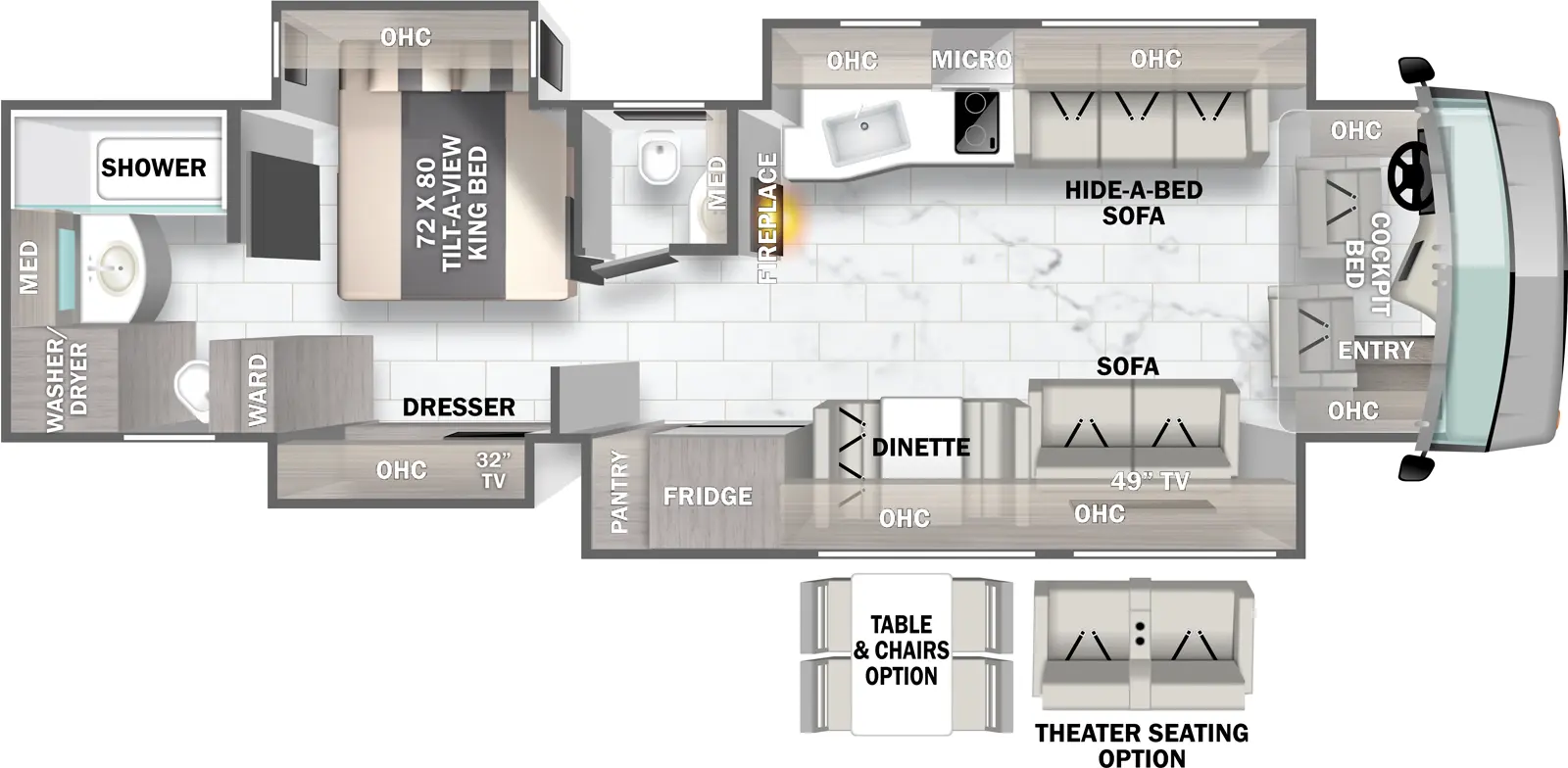 The 40D has four slideouts and one entry. Interior layout front to back: cockpit with entry, overhead cabinets, and cockpit bed; off-door side slideout with hide-a-bed sofa, overhead cabinets, microwave over cooktop, and kitchen countertop with sink; door side slideout with sofa (optional theater seating), TV, overhead cabinets, dinette (optional table and chairs), refrigerator and pantry; off-door side front-facing fireplace along inner wall, and half bathroom with medicine cabinet; door side slideout with dresser, overhead cabinet and TV; wardrobe along inner wall; off-door side slideout with tilt-a-view king bed with overhead cabinet; rear full bathroom with medicine cabinet, and washer/dryer.